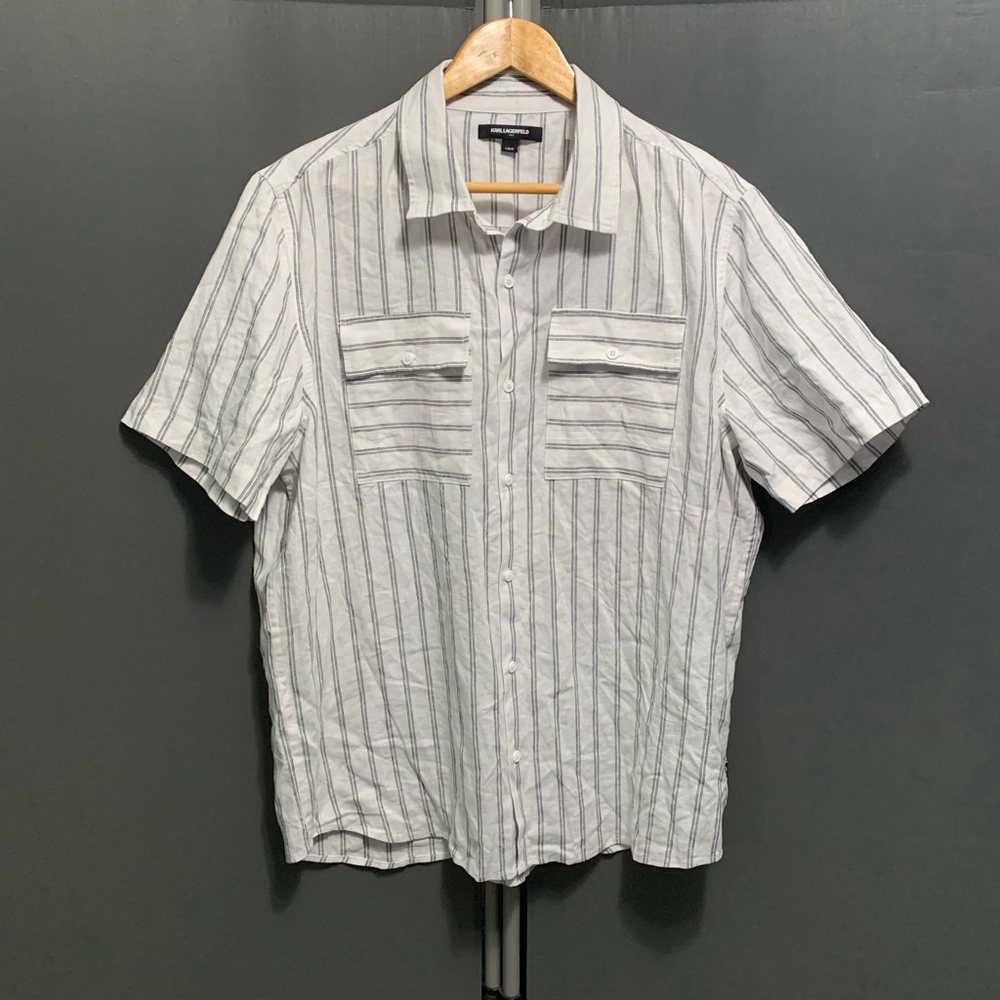B14-Men's Karl Lagerfeld Button-Up Shirt Size L White/Blue Striped